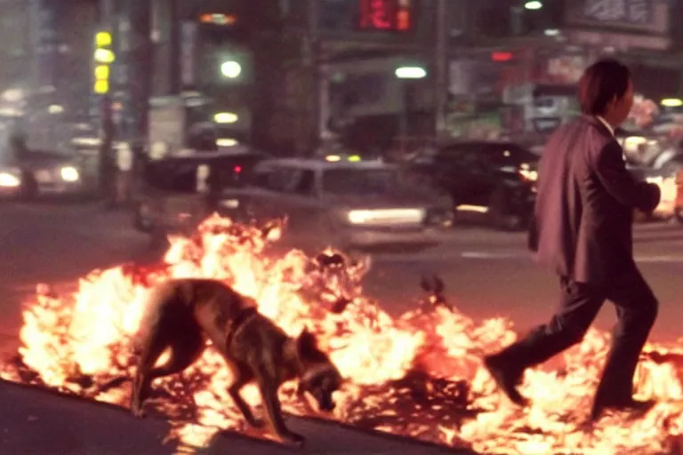 Image similar to cinematography action movie closeup portrait of a Japanese business man carrying his dog running from an explosion in Tokyo by Michael Bay