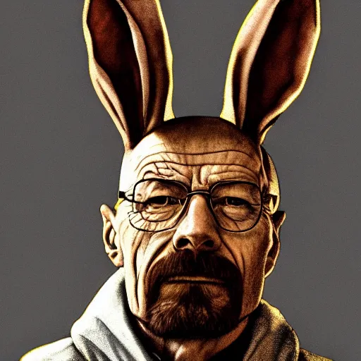 Prompt: Walter White is an anthropomorphic rabbit, physically accurate, very dramatic dynamic lighting, intricate, very very elegant, highly detailed, digital painting, artstation, very hyperrealistic, HR GIGER, Hieronymus Bosch, Francis Bacon, concept art, smooth, sharp focus, illustration, art by artgerm and greg rutkowski and alphonse mucha