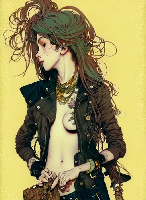 Prompt: highly detailed portrait of a moody sewerpunk young adult lady with a harris tweed holdy by greg tocchini, by krenz cushart, by alphonse mucha, by kaethe butcher, gradient yellow, black, brown and cyan color scheme, grunge aesthetic!!! ( ( graffiti tag city background ) )