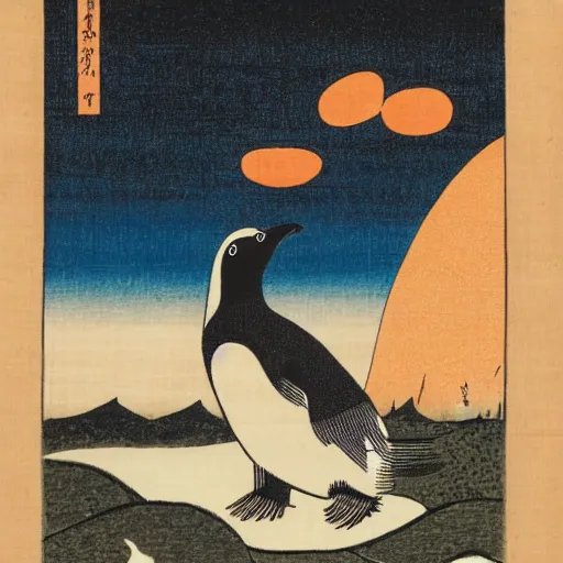 Prompt: a penguin staring pensively into the autumn landscape, award - winning ukiyo - e painting