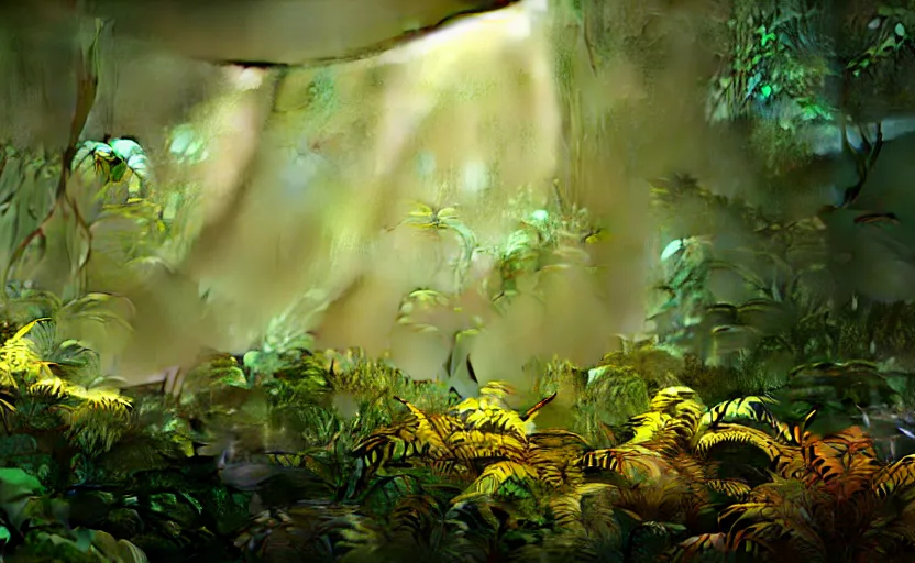 Image similar to a beautiful render of a dark prehistoric cloud forest, lush flora, patches of yellow - orange sky, dark green leaves, intricate detail, god rays, hazy, humid, volumetric lighting, 8 k, photorealistic, raytracing effects, unreal engine 5