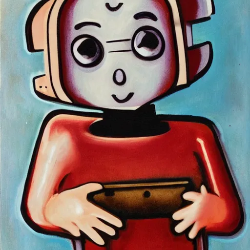 Image similar to a rusting female android holds a broken toaster in her arms