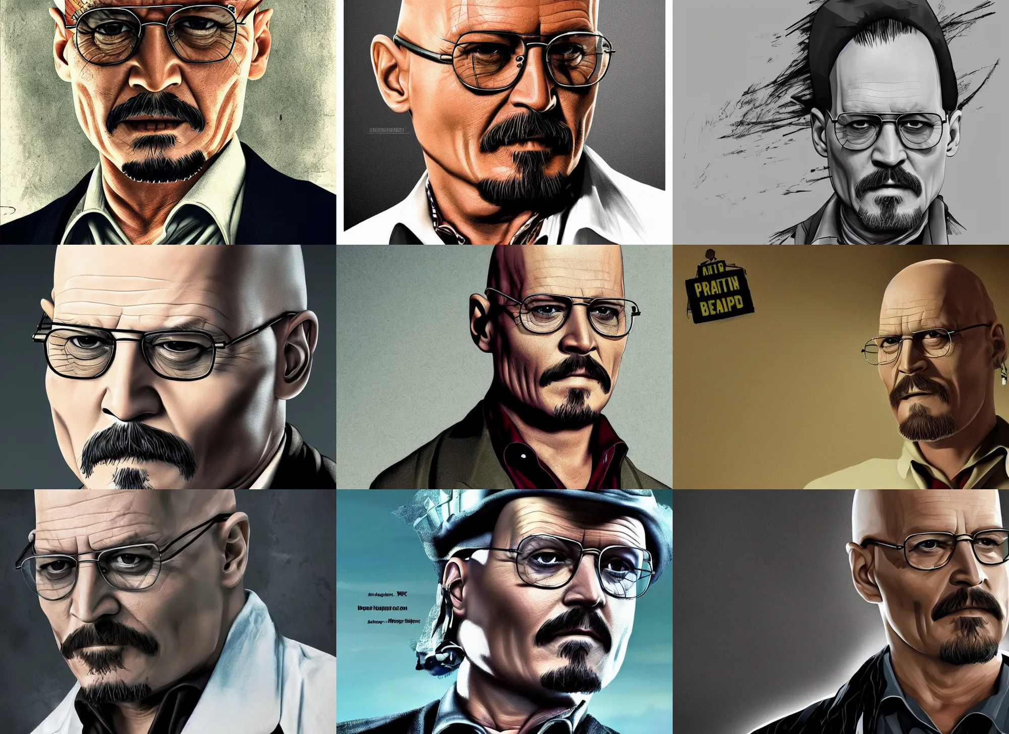 Prompt: bald Johnny Depp playing Walter White, promotional poster for Breaking Bad, digital art, trending on artstation, 4k