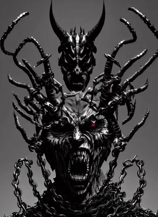 Image similar to scary demon man with twisted face, horns, armour made of chains. in style of yoji shinkawa and hyung - tae kim, trending on artstation, dark fantasy, great composition, concept art, highly detailed, dynamic pose.