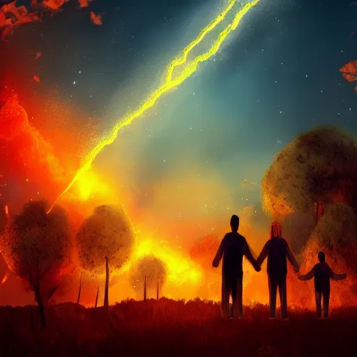 Image similar to family hugging, apocalyptic, meteors falling, background, sky, on fire, dramatic lighting, digital art, beautiful!!!!!!!!!!, 8K, dark lighting, trending on Artstation, award winning, blue, red