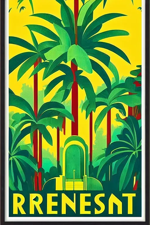 Prompt: art deco travel poster. rainforest, framed poster