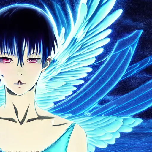 Prompt: 2D movie still, a beautiful cinematic female cyborg angel , fantasy magic, short aqua blue black fade hair, dark light night, highly detailed, advanced digital anime art, concept art, masterpiece by Junji Ito and Sakimimichan