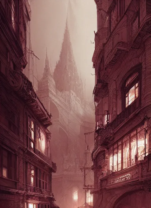 Image similar to Budapest , Dynamic lighting, cinematic, extremely high detail, photo realistic, cinematic lighting, pen and ink, red detailing, intricate line drawings, post processed, concept art, artstation, matte painting, style by Raphael Lacoste, Eddie Mendoza, Q Hayashida