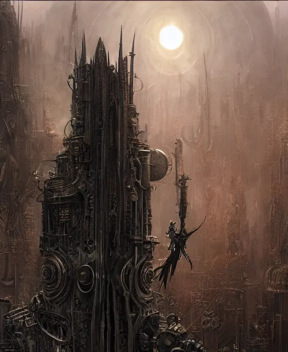 Image similar to steampunk style Sauron, futuristic technology, by HR Giger and Beksiński and Stephan Martiniere , 4k resolution, detailed, trending on artstation