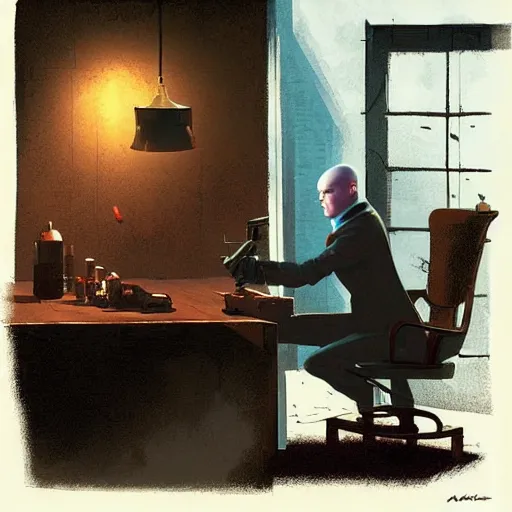 Image similar to agent 4 7 with a silenced pistol approaching a man in a chair, by marc simonetti