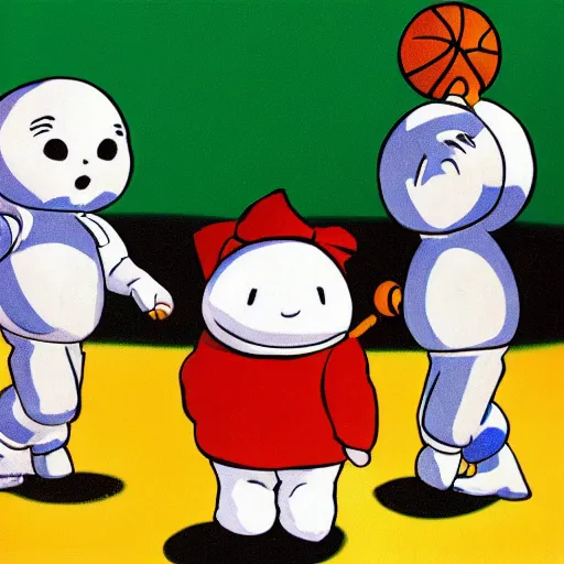 Prompt: stay puft marshmallow man playing basketball