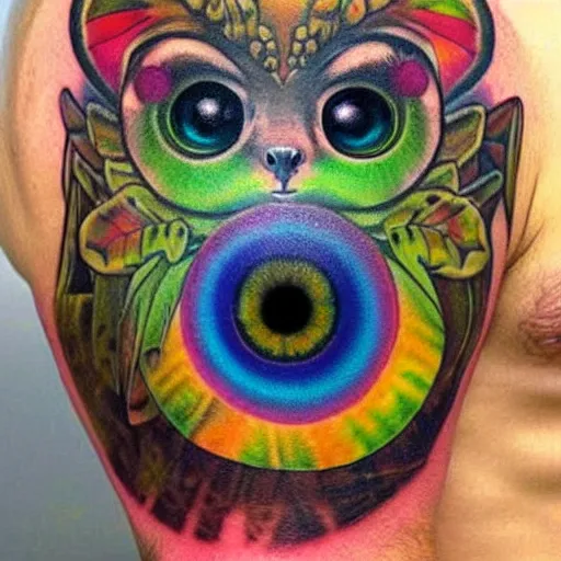 Prompt: shoulder tattoo of a multicolored hallucinogenic cute bush baby, eyes are colorful spirals, surrounded with colorful magic mushrooms and rainbowcolored marihuana leaves, insanely integrate