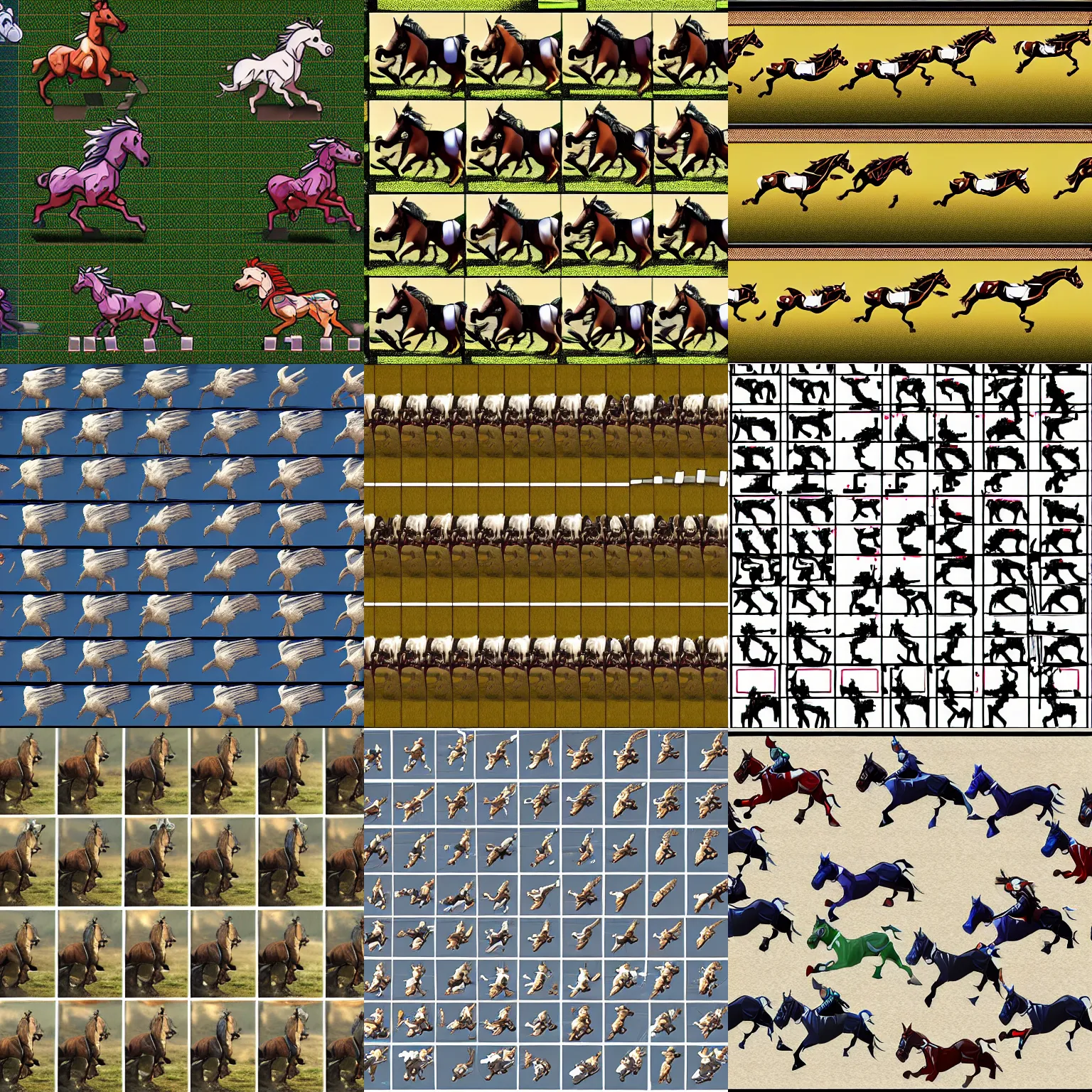 Prompt: 10 frame sprite sheet of sideways horse running, 8k, extreme detail, game design