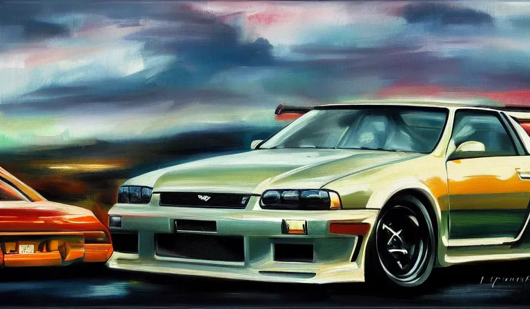 Prompt: skyline gtr oil painting, desktop wallpaper, trending on deviantart, artstation