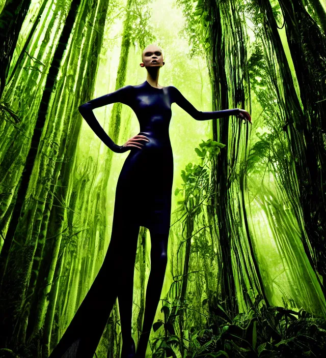 Image similar to photography portrait of one female fashion model in rainforest, wearing one organic futurist dress designed by iris van herpen,, photography by paolo roversi nick knight, helmut newton, avedon, and araki, sky forest background, natural pose, highly detailed, skin grain detail