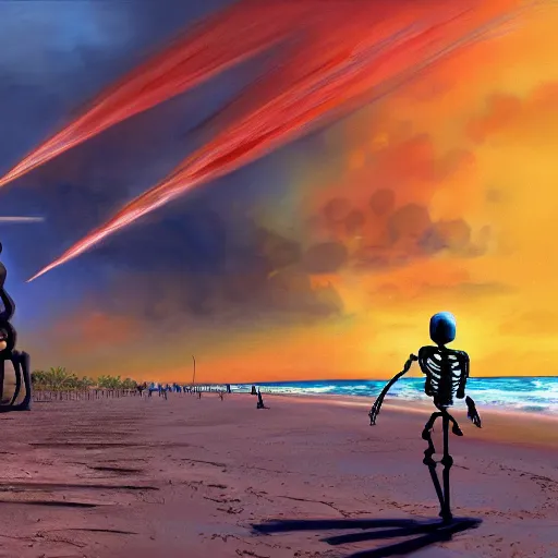 Image similar to Beautiful digital painting portrait of relaxed skeleton walking on the tropical beach with nuclear bomb explosion in the background nuclear bomb explosion in the background, by James Gurney, high quality, trending on Artstation, realistic, tropical color scheme, anatomically correct skeleton, high coherence, clear blue sky