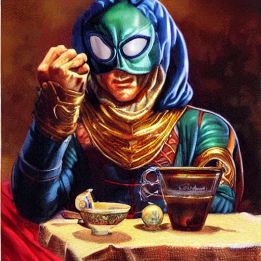 Image similar to Mysterio drinking tea, artwork by Earl Norem,