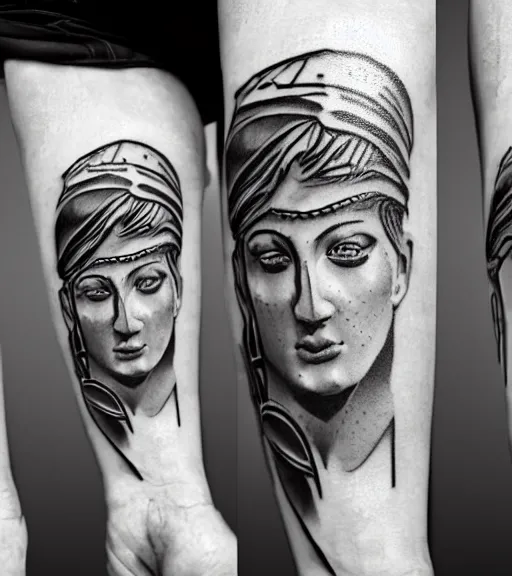 Prompt: tattoo design sketch of the statue of david broken in the middle, in the style of den yakovlev, realistic face, black and white, realism tattoo, hyper realistic, highly detailed, 3 d