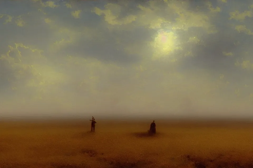 Image similar to concept art of the closed back view of one humanoid robot on the ground, many closed big tall buildings, vast wheat fields, by Ivan Aivazovsky, godrays, atmospheric, cinematic, distant world, wide angle, detailed