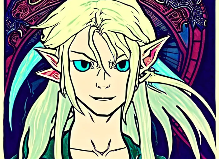 Image similar to link as the fierce diety form with white hair!! from the legend of zelda!! portrait illustration, pop art, splash painting, art by geof darrow, ashley wood, alphonse mucha, makoto shinkai