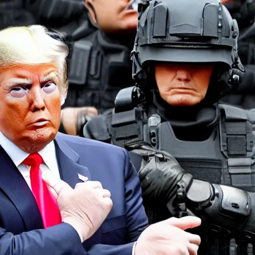 Prompt: donald trump, head in hands, swat team raid background,