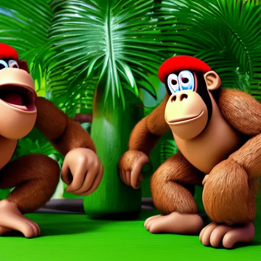 Image similar to Donkey Kong and Diddy Kong surrounded by tropical trees and barrels, 3D render, detailed clay model