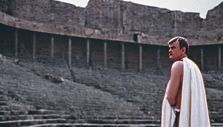 Image similar to 1 9 6 0 s movie still close - up of caligula in a white toga dead on the ancient amphitheater's stairs, cinestill 8 0 0 t 3 5 mm, high quality, heavy grain, high detail, dramatic light, anamorphic, blood