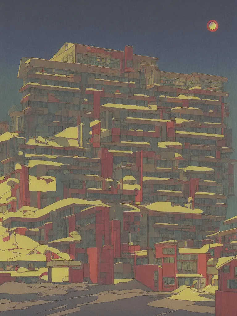 Image similar to a psychedelic hallucination of a brutalist hotel in the snowy mountains, by kawase hasui, moebius, edward hopper, colorful flat surreal design, dramatic lighting, hd, 8 k, artstation