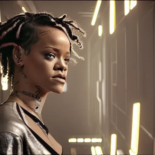 Image similar to movie still of rihanna cyborg, cinematic composition, cinematic light, criterion collection, by edgar wright