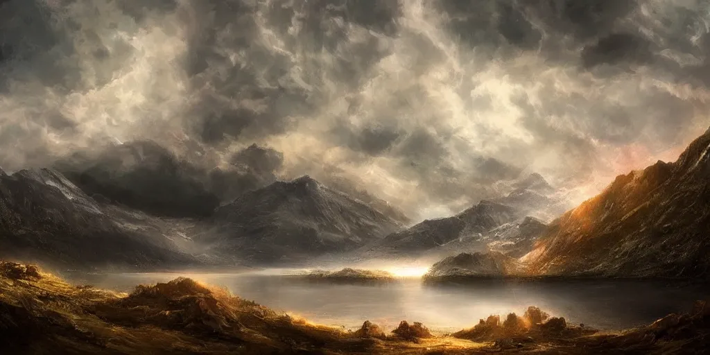 Image similar to digital art, trending on artstation, a mountainous landscape with a lake filled with stars at the bottom, with the sky full of clouds and storm