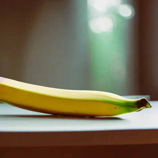 Prompt: a banana made of emerald is sitting on a white table, clear focus, bokeh effect, high res, hasselblad, dslr, professional, cinematic