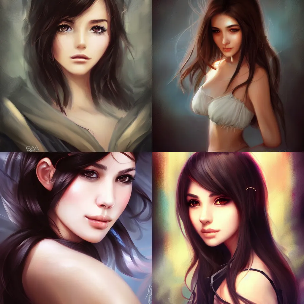 Prompt: portrait of a beautiful woman with dark hair brown eyes and round face 20 years old by ross tran
