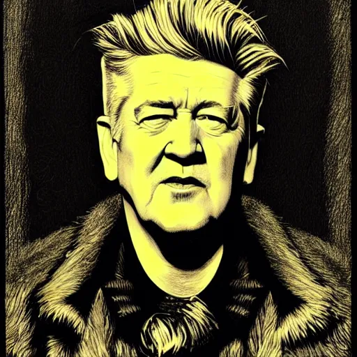 Image similar to portrait of David Lynch by Joe fenton, b&w and yellow