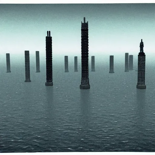 Image similar to 1 9 5 0 s city at the bottom of the ocean realistic dark towers, view from sea floor