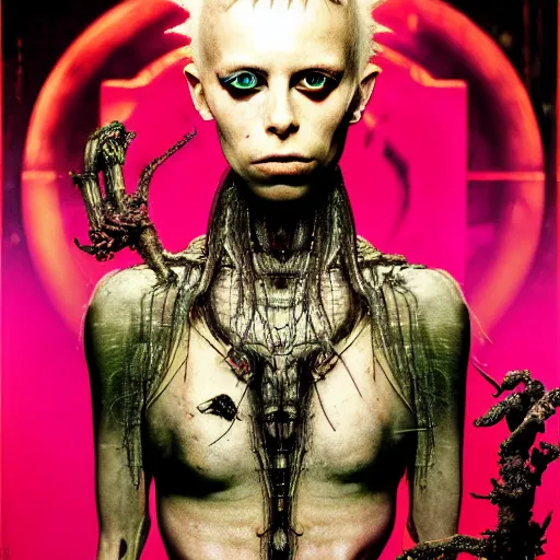 Prompt: cyberpunk portrait of Yolandi Visser against garden flower background, in the style of h.r giger, norman rockwell, highly detailed, soft lighting, 8k resolution, oil on canvas