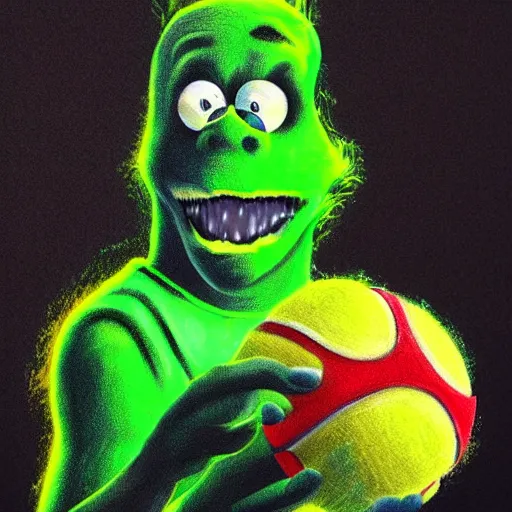 Image similar to Michael Jordan tennis ball monster ,tennis ball, digital art, smoke, fantasy,chalk, magic, trending on artstation, ultra detailed, professional illustration by Basil Gogos