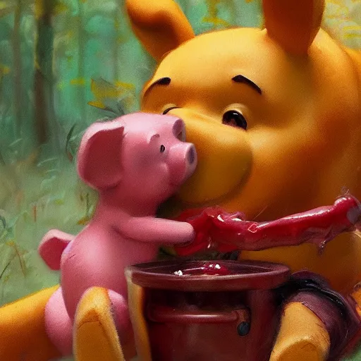 Prompt: close up of winnie the pooh with a severed pigs head dripping blood, cinematographic shot, by daniel f. gerhartz