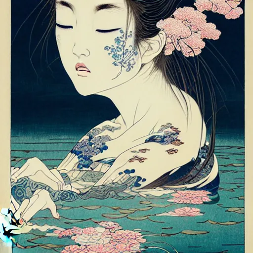 Image similar to prompt: beautiful girl in lake with light up face painted in Hokusai style drawn by Vania Zouravliov and Takato Yamamoto, nymph in the water, small flowers around and on the side, intricate oil painting, high detail, Neo-expressionism, post-modern gouache marks on the side, gnarly details soft light, white background, intricate detail, intricate ink painting detail, sharp high detail, manga and anime 2000