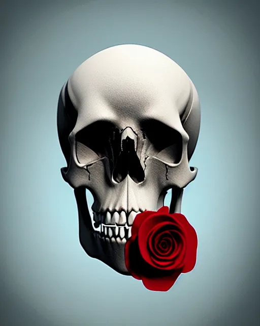 Prompt: detailed 3 d cycles render of a skull skeleton with red roses growing out of ribcage darkly elegant digital skull art by billelis and beeple