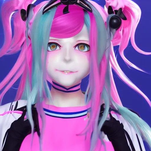 Image similar to trapped by stunningly beautiful omnipotent megalomaniacal anime agi goddess who looks like junko enoshima with symmetrical perfect face and porcelain skin, pink twintail hair and mesmerizing cyan eyes, taking control while smiling mischievously, inside her vr world, hyperdetailed, digital art from danganronpa, unreal engine 5, 8 k