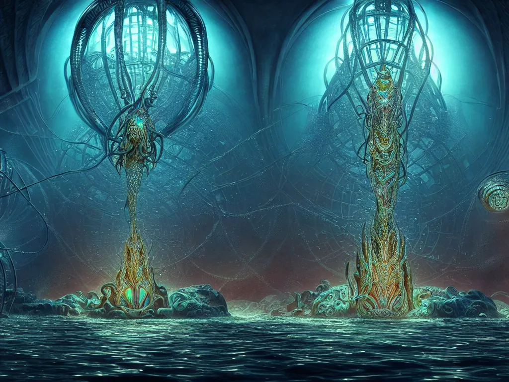 Image similar to highly detailed render of under water dark alien city with spirits floating, trending on deviantart, neo surrealism, sharp focus, a lot of little details, lens flare, epic render, magical composition, deep color scheme, ornate, intricate, octane, masterpiece, art by ernst haeckel and android jones and alex grey