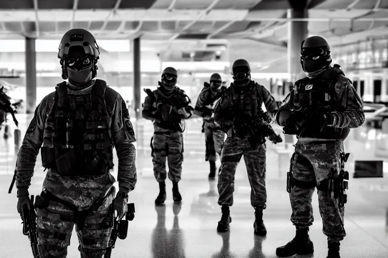 Image similar to Mercenary Special Forces soldiers in grey uniforms with black armored vest and black helmets fighting inside an airport in 2022, Canon EOS R3, f/1.4, ISO 200, 1/160s, 8K, RAW, unedited, symmetrical balance, in-frame, combat photography