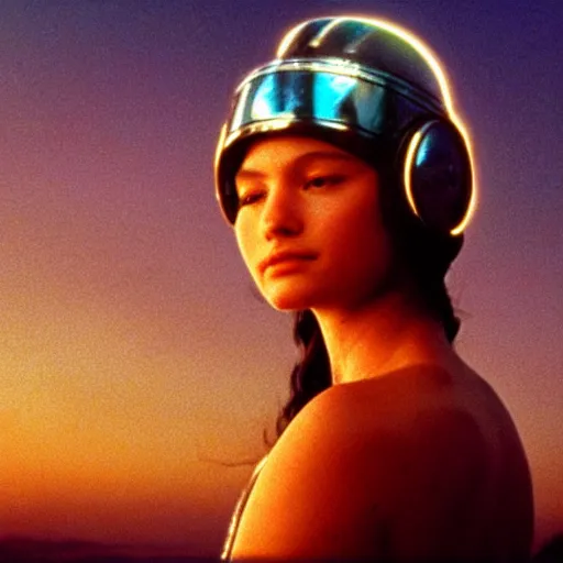 Prompt: beautiful Fine art photo of a young meditative godess wearing a cyberpunk electronic mayan helmet, photorealistic, high quality, sunrise lighting, in the movie 2001 A SpaceOdyssey, 8k