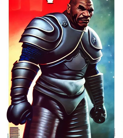 Prompt: a fantasy mike tyson wearing plate armor, 1 9 7 9 omni magazine cover, style by vincent di fate, artgerm, very coherent, detailed, 4 k resolution, dark, unreal engine, daz