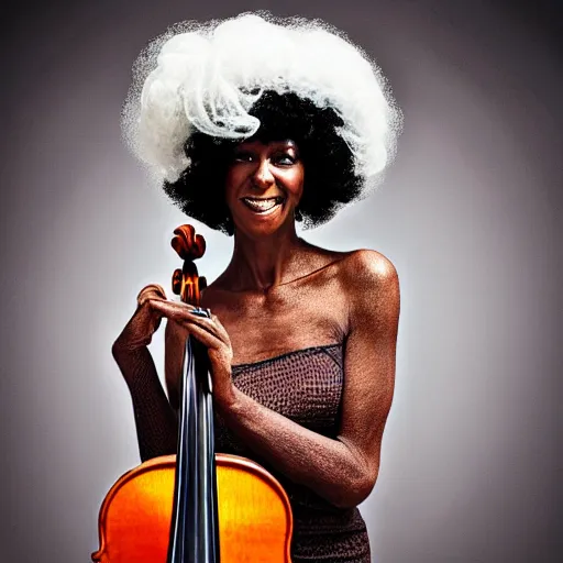 Prompt: portrait photograph, Realistic Skeleton wearing an afro wig and playing the violin