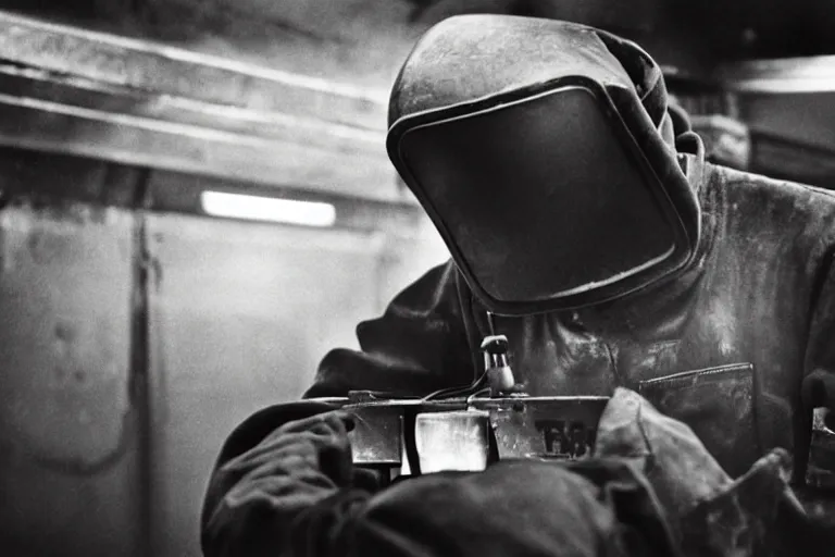 Image similar to close-up of Welder in welding mask in a subway, by Richard Avedon, tri-x pan stock