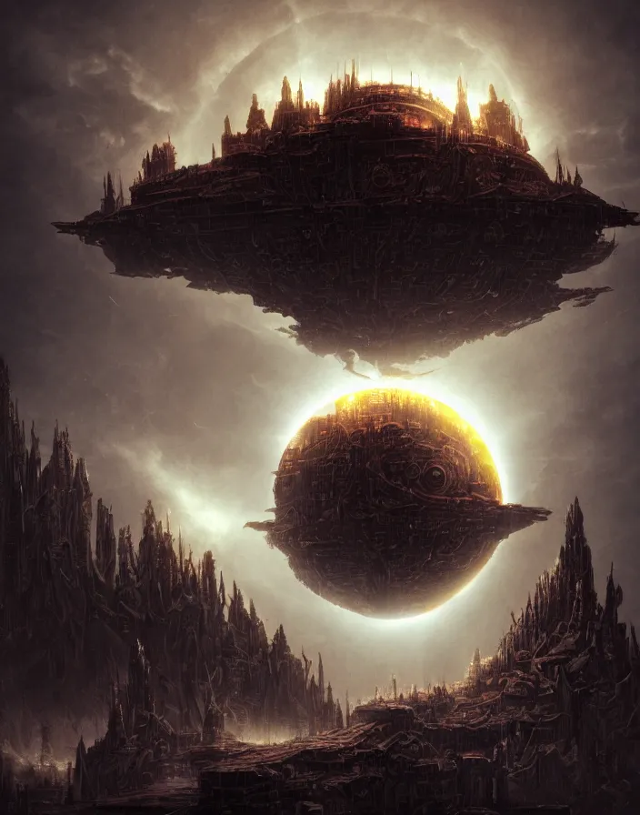 Image similar to cloud city, solar eclipse, chaos, night, rot, blood, epic art, dark souls, highly detailed and intricate, trending on artstation