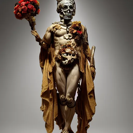 Prompt: a man in the form of a Greek sculpture with a mask in the form of a skull and wreath of flowers, sword in right hand, dressed in a biomechanical dress of a demon by Roberto Ferri, stands in the pose of a super hero on a golden stone, silk, fabric, birds, flowers. red plastic. baroque elements, human skull. full-length view. baroque element. intricate artwork by caravaggio. birds on background. Trending on artstation. halo. octane render, cinematic, hyper realism, octane render, 8k, depth of field, bokeh. iridescent accents. vibrant. teal and gold and red colour scheme