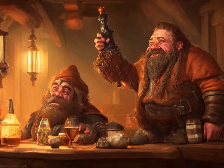 Image similar to Drunk Dwarf talks to Raven at the Tavern, RPG Portrait, Oil Painting, Trending on Artstation, octane render, Insanely Detailed, 8k, HD