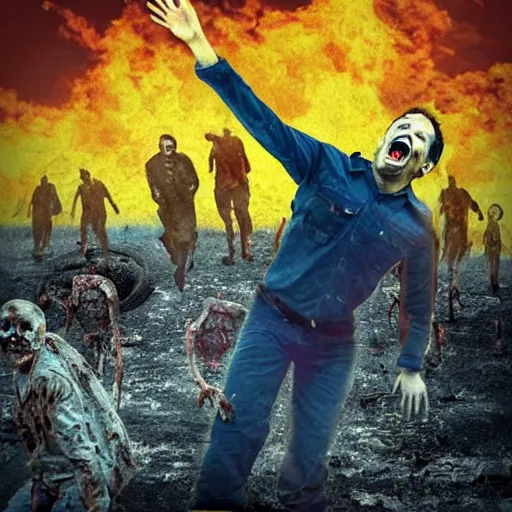 Image similar to selfie of a ukrainian screaming in pain and terrible injuries from a nuclear explosion, everything is on fire and radiation, in the background there are a lot of people like zombies, corpses and skeletons, a large nuclear explosion in the background, people are painted in yellow and blue, all dirty with severed limbs, doomsday